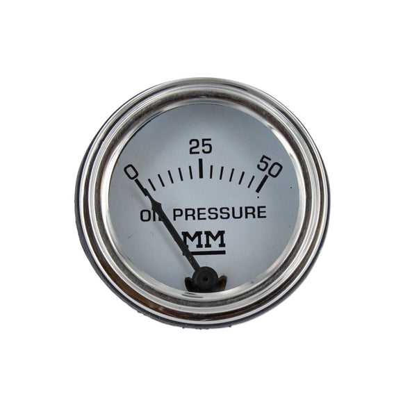 Restoration Quality Oil Pressure Gauge, (0-50 PSI) Dash mounted, Stainless Bezel - Bubs Tractor Parts