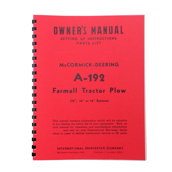 MCD A-192 Plow Owners Manual --- Setting Up Instructions / Parts List - Bubs Tractor Parts